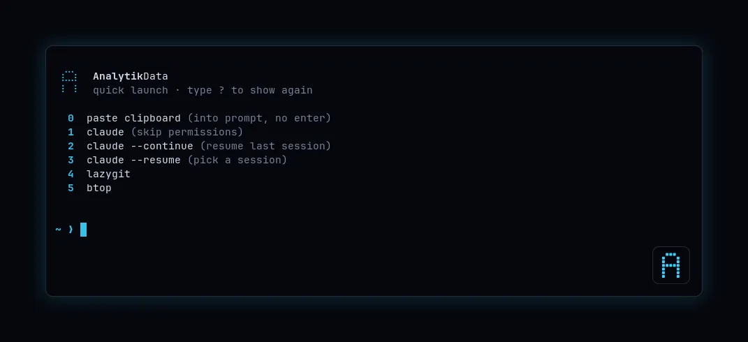 Ein frisches Terminal mit dem Quick-Launch-Menü: nummerierte Kurzbefehle von «paste clipboard» bis btop